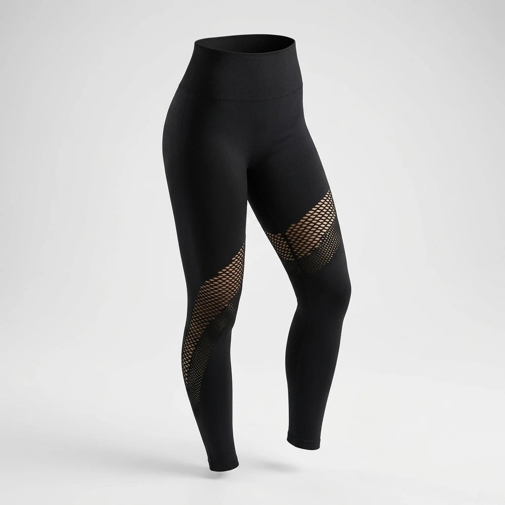 Svarta högmidjade Contour Mesh Tights med transparenta meshpaneler på benen, isometrisk vy mot ljusgrå bakgrund.