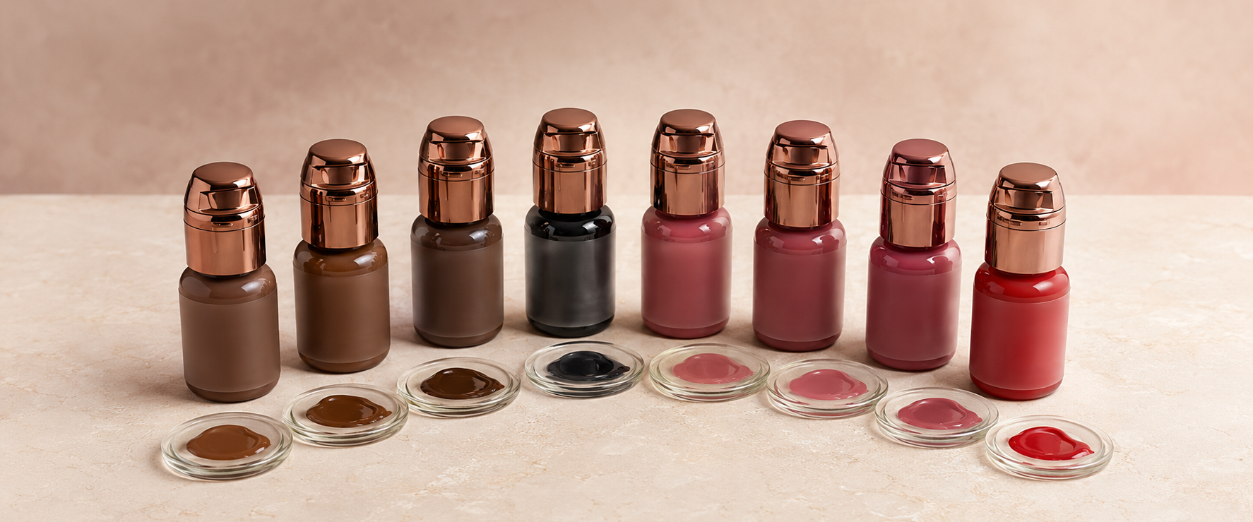 Professionella PMU-pigment i bruna, svarta, rosa och röda nyanser