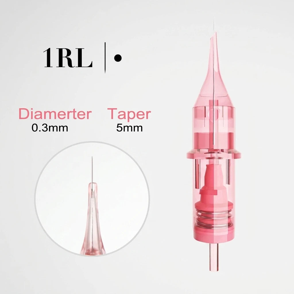 Rosa transparent 1RL 0.30mm PMU Nål 10st patron på vit bakgrund med cirkulär detaljbild av den fina nålspetsen.