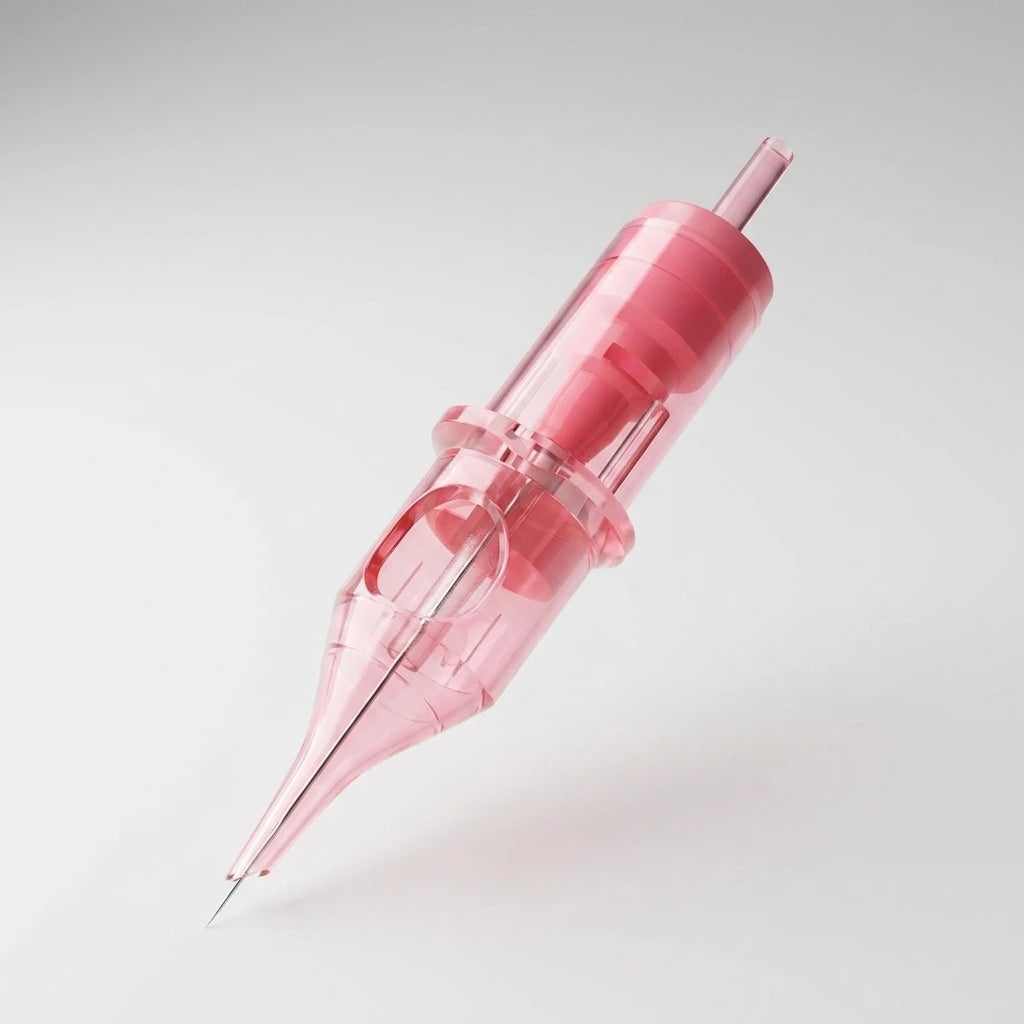 Rosa transparent 1RL 0.30mm PMU Nål 10st patron med fin metallspets mot ljusgrå bakgrund.