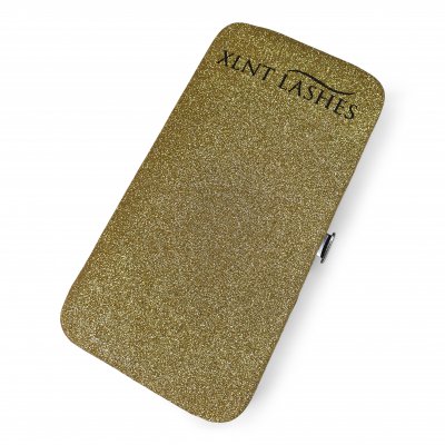Pincettfodral i guldglitter från XLNT Lashes med magnetfäste för tre fransförlängningspincetter.
