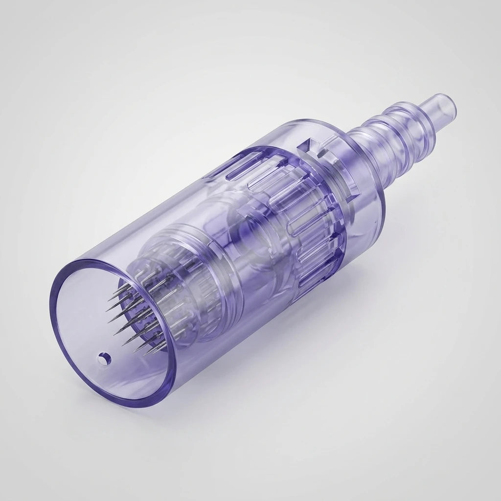 Lila transparent nålkassett till 36pin nål 10pack till DR.Pen A6 med synliga fina metallnålar mot ljus bakgrund.