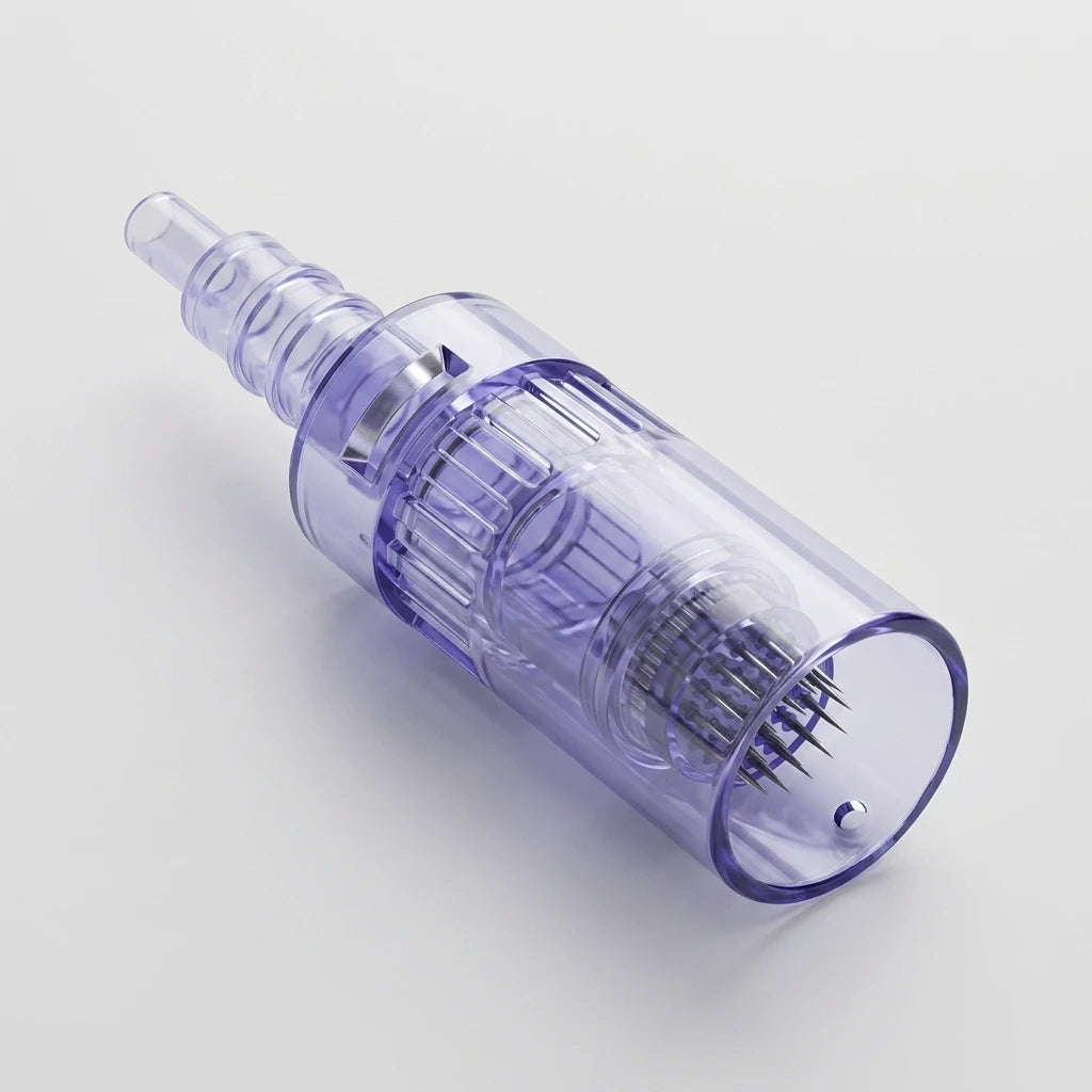Ljuslila transparent 36pin nål 10pack till DR.Pen A6 med synliga metallnålar mot ljus bakgrund.