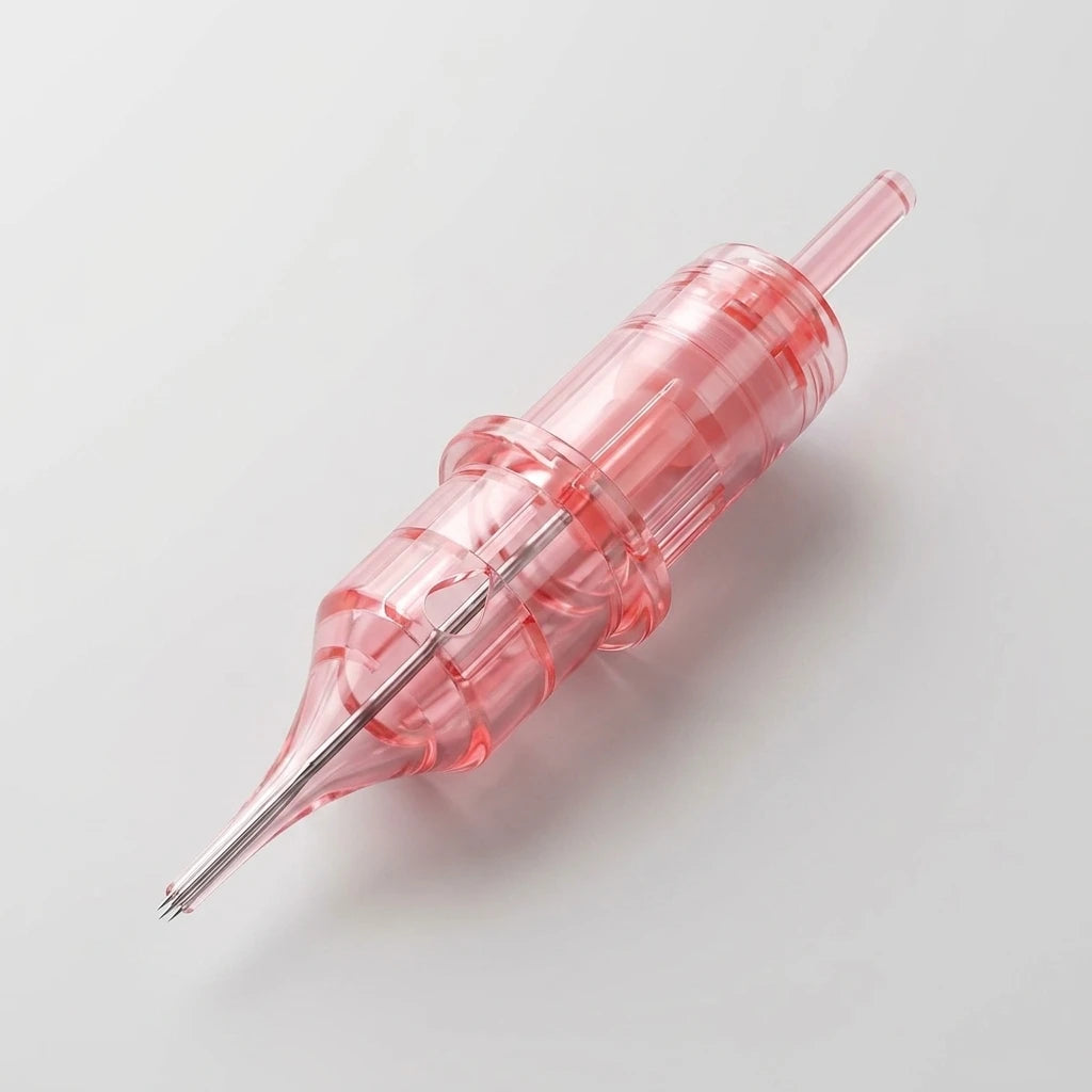 Rosa transparent nålpatron för 3RL 0.25mm PMU Nål 10st med synlig metallspets på ljusgrå bakgrund.