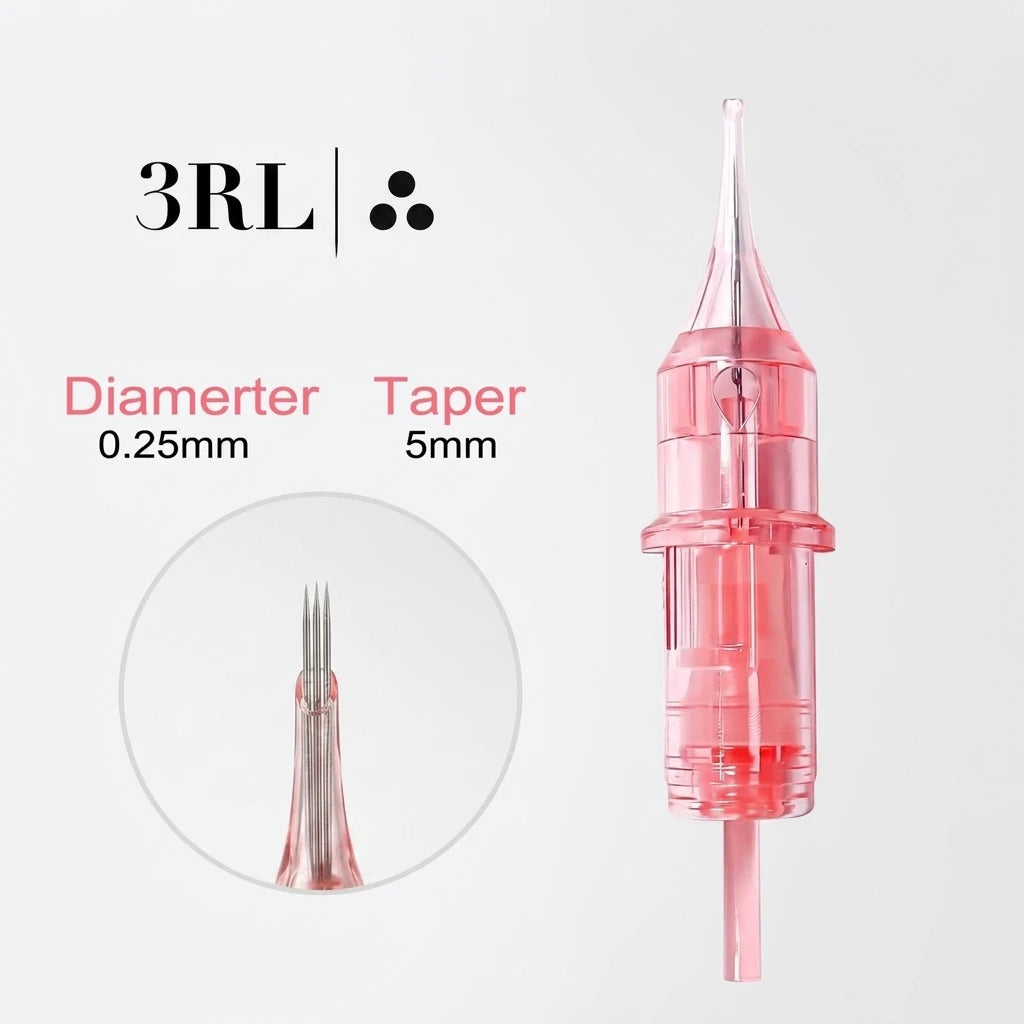Rosa transparent 3RL 0.25mm PMU Nål 10st patron med närbild på tre nålspetsar mot vit bakgrund.