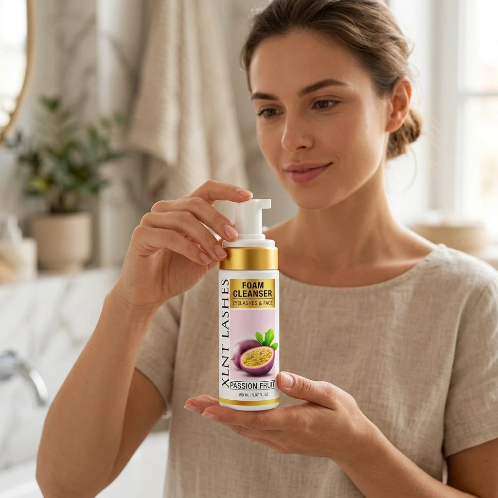 Modell håller flaska med Fransrengöring Passionsfrukt 150ml – oljefri och skonsam mot franslim