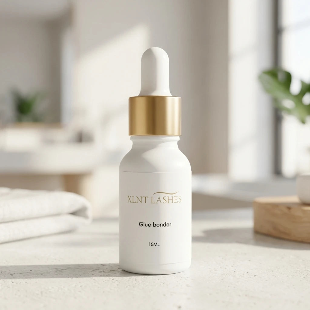 XLNT Lashes Glue Bonder 15ml matte white dropper bottle with gold collar on a bright countertop.