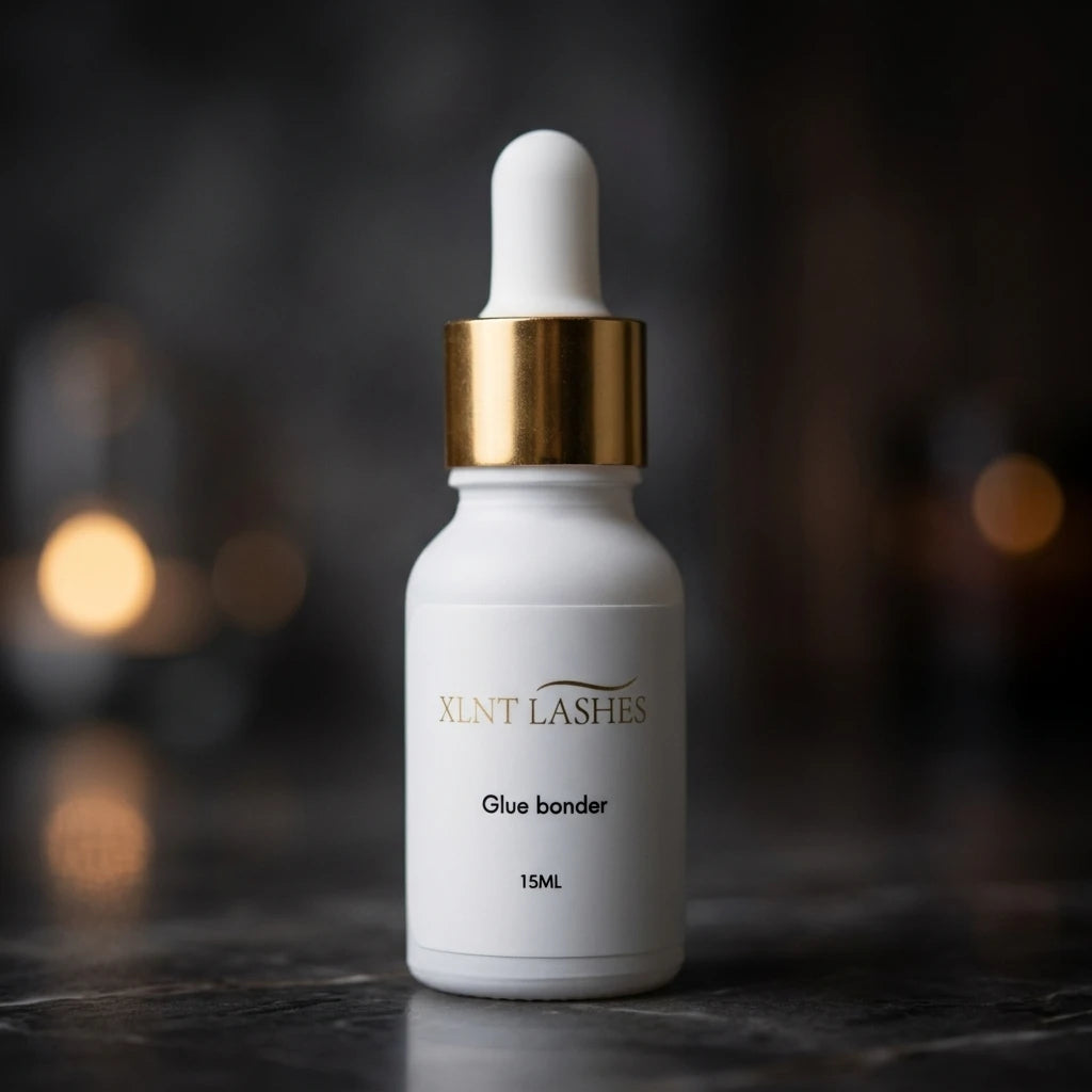 XLNT Lashes Glue Bonder 15ml white dropper bottle with gold collar for eyelash extension application.