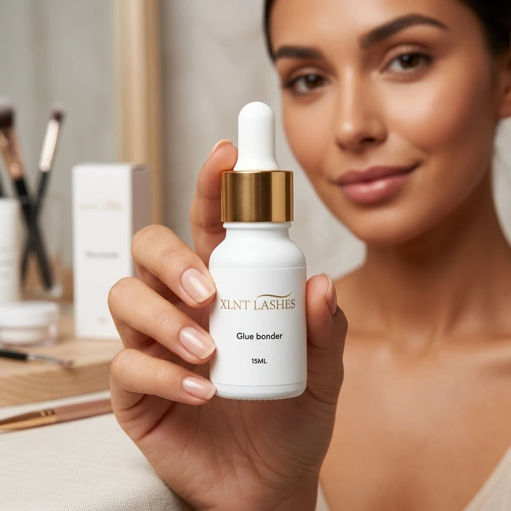 Woman holding XLNT Lashes Glue Bonder 15ml white dropper bottle with a gold cap for eyelash extensions.