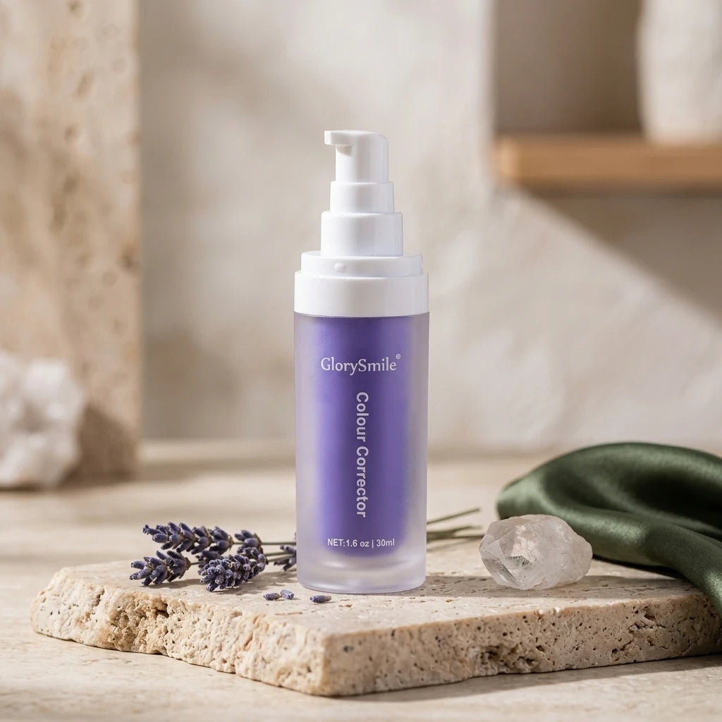 GlorySmile tandserum 30ml på beige stenplatta bredvid lavendel och kristall, lifestyle-bild.