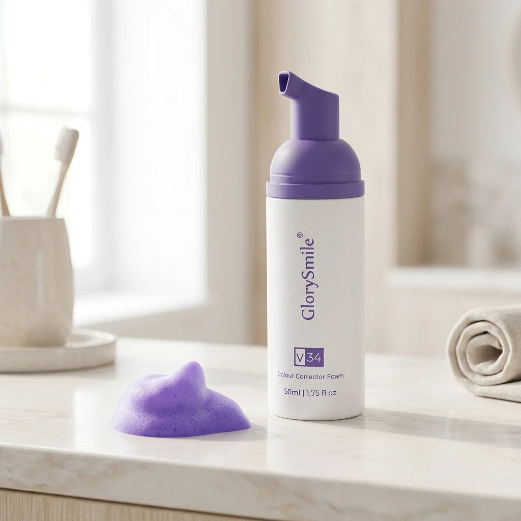 GlorySmile skum 50ml på ljus marmorbänk i badrum bredvid en klick lila V34-skum.