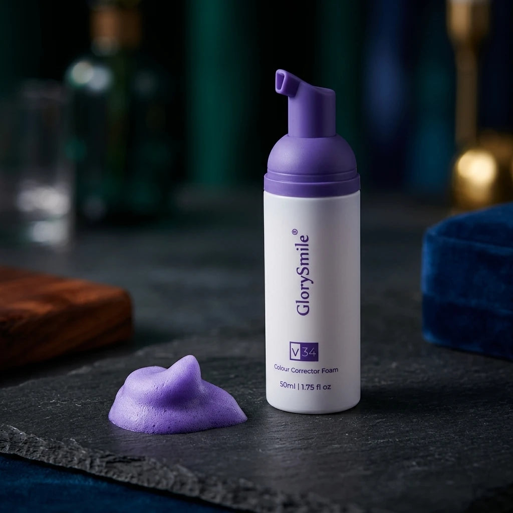 GlorySmile V34 färgkorrigerande skum 50ml på mörk stenskiva – vit flaska med lila pump och skum.