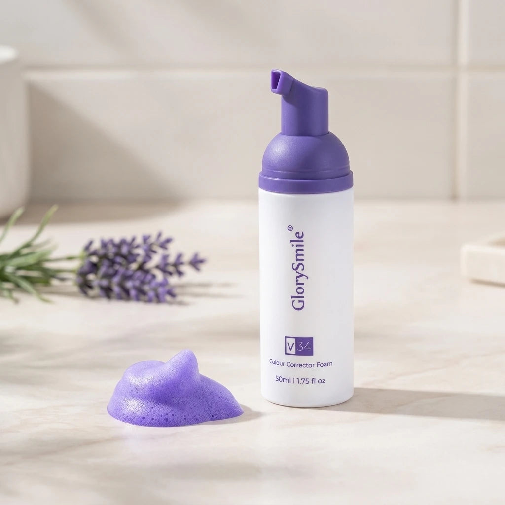 GlorySmile V34 skum 50ml på ljus bänk med lavendel – vit pumpflaska och lila skum i naturlig miljö.