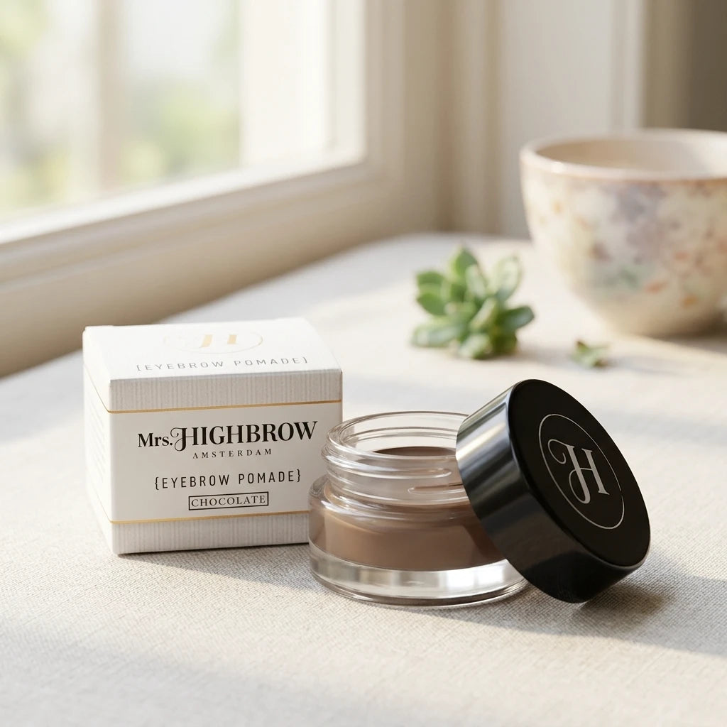 Mrs. Highbrow Eyebrow Pomade Chocolate i öppen glasburk med svart lock bredvid vit kartongförpackning.