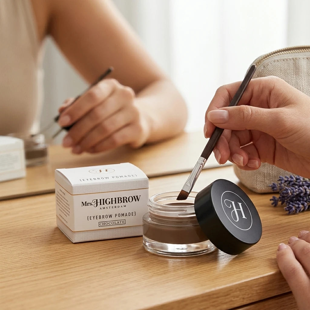 Hand doppar en vinklad ögonbrynsborste i burk med Mrs. Highbrow Eyebrow Pomade Chocolate på ljust träbord.