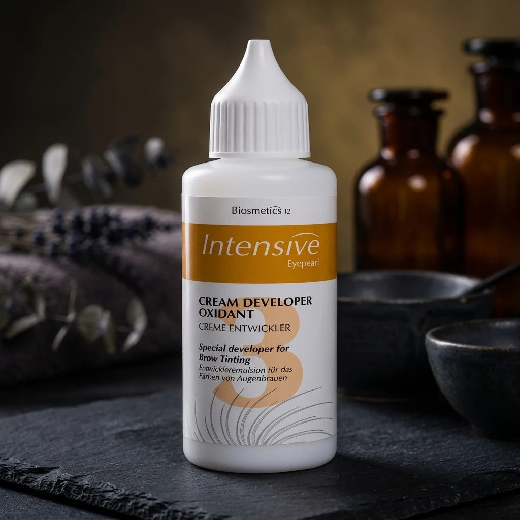 Intensive Cream Developer 50 ml på mörk stenskiva – precis droppkontroll vid aktivering av brynfärg.