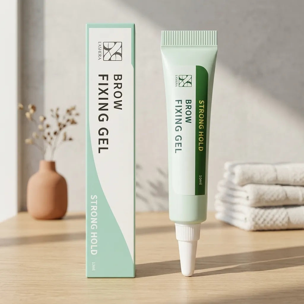 Brow Fixing Gel i mintgrön tub och kartong på ljust träbord med handdukar och vas i bakgrunden.