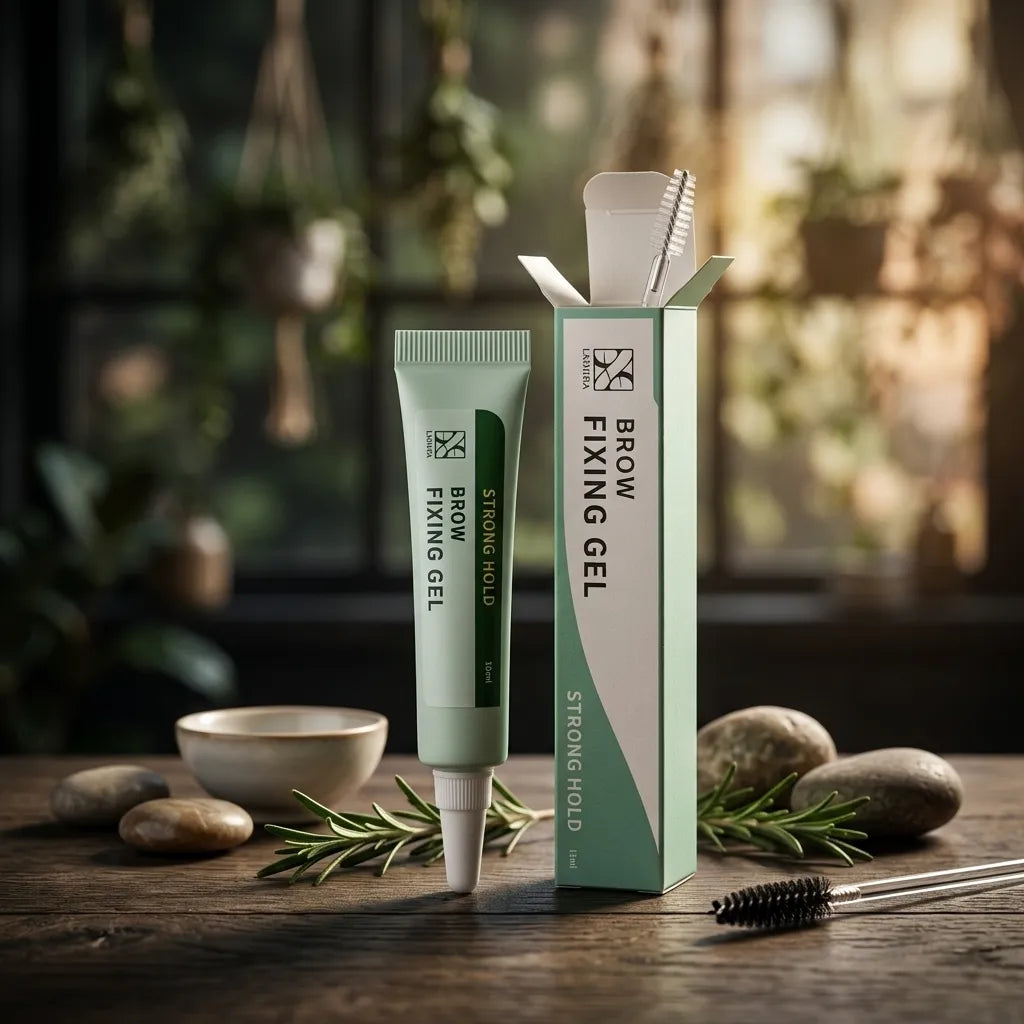 Mintgrön tub och ask för Brow Fixing Gel på rustikt träbord med brynborste och dekorativa stenar.