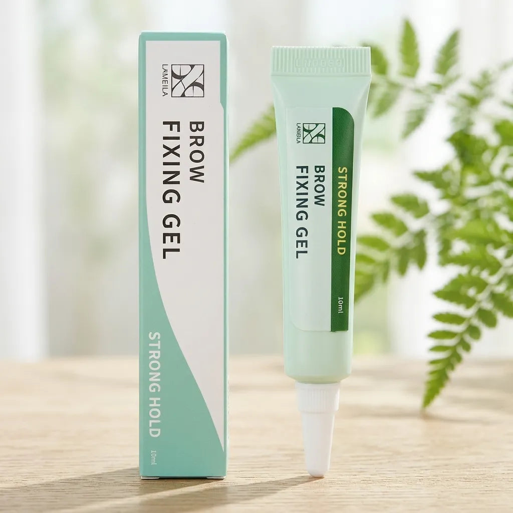 Mintgrön tub och förpackning av Brow Fixing Gel på ljust träbord med suddiga gröna blad i bakgrunden.
