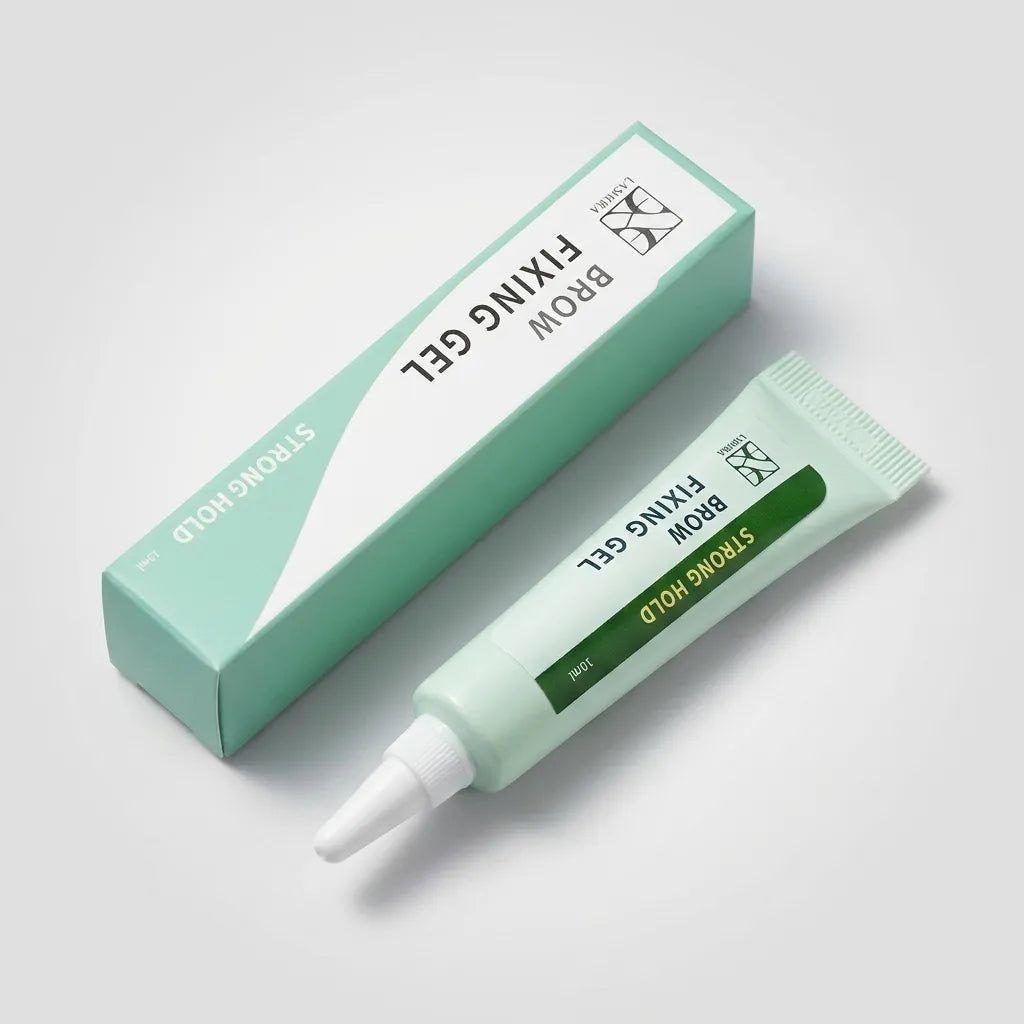 Sidovy av mintgrön tub och kartong för Brow Fixing Gel Strong Hold mot ljusgrå bakgrund.