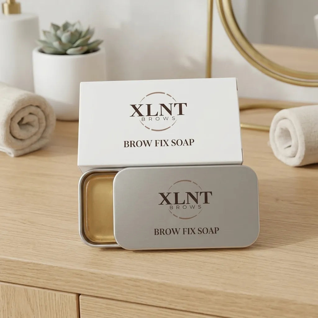 XLNT BROWS Brow Fix Soap metallburk och förpackning placerade på ett träbord i salongsmiljö