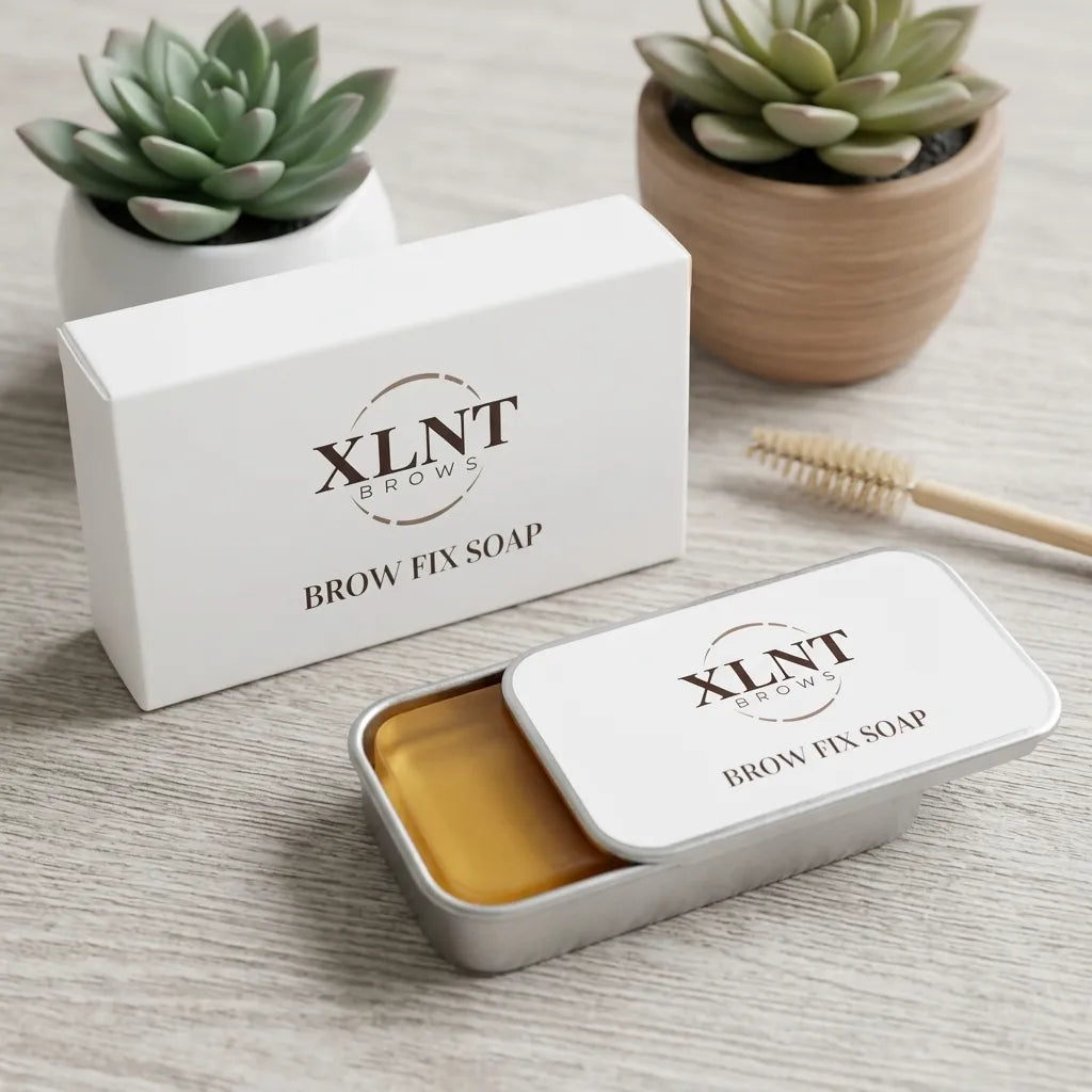 XLNT BROWS Brow Fix Soap i burk med spoolie-borste, vit förpackning och gröna suckulenter i bakgrunden
