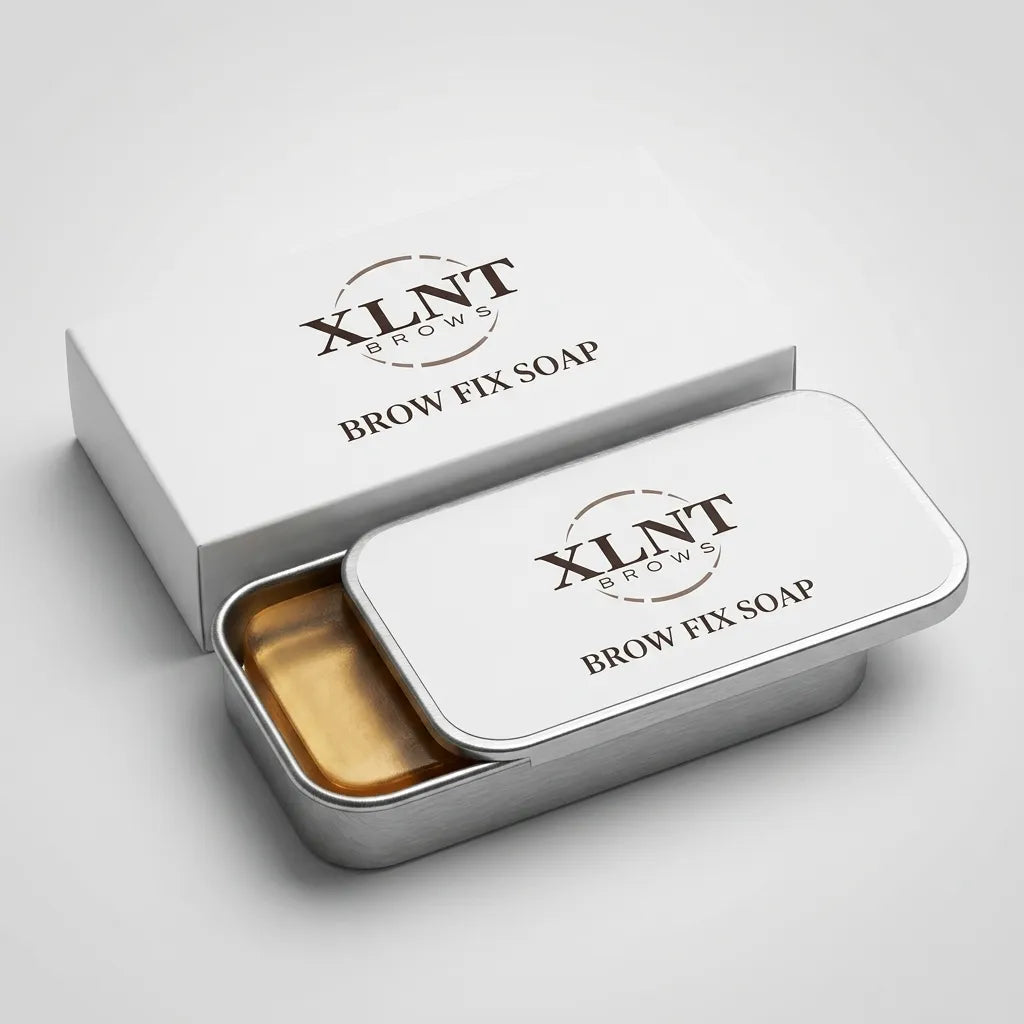 Öppnad silverburk med XLNT BROWS Brow Fix Soap visar bärnstensfärgad stylingtvål bredvid vit kartong