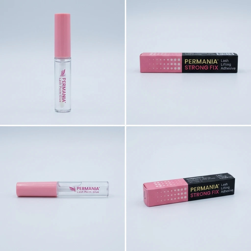 Lash lift lim STRONG FIX PERMANIA i genomskinlig flaska med rosa kork bredvid tillhörande rosa och svart förpackning.