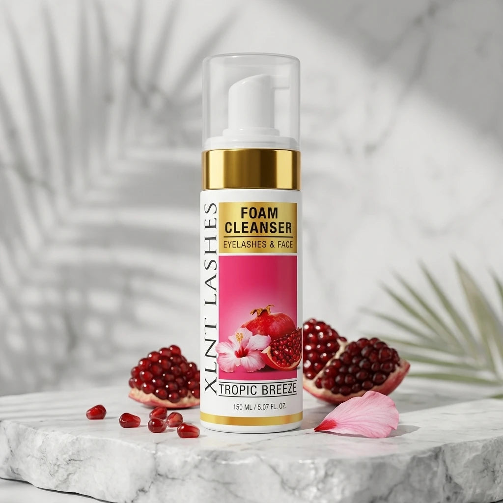 Fransrengöring Tropic Breeze i vit pumpflaska med gulddetaljer, på marmorskiva med granatäpple.