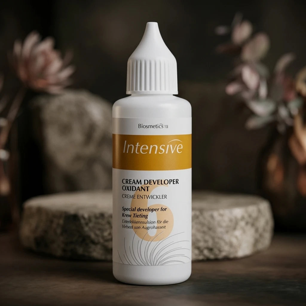 RefectoCil Intensive Cream Developer 50ml på stenplatta mot mörk bakgrund med torkade naturliga växter.