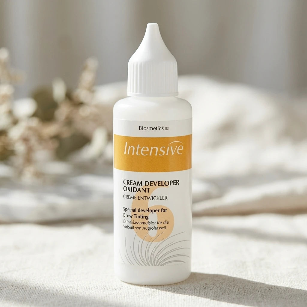 RefectoCil Intensive Cream Developer 6% 50ml stående på ljus tygbakgrund i mjukt naturligt ljus.