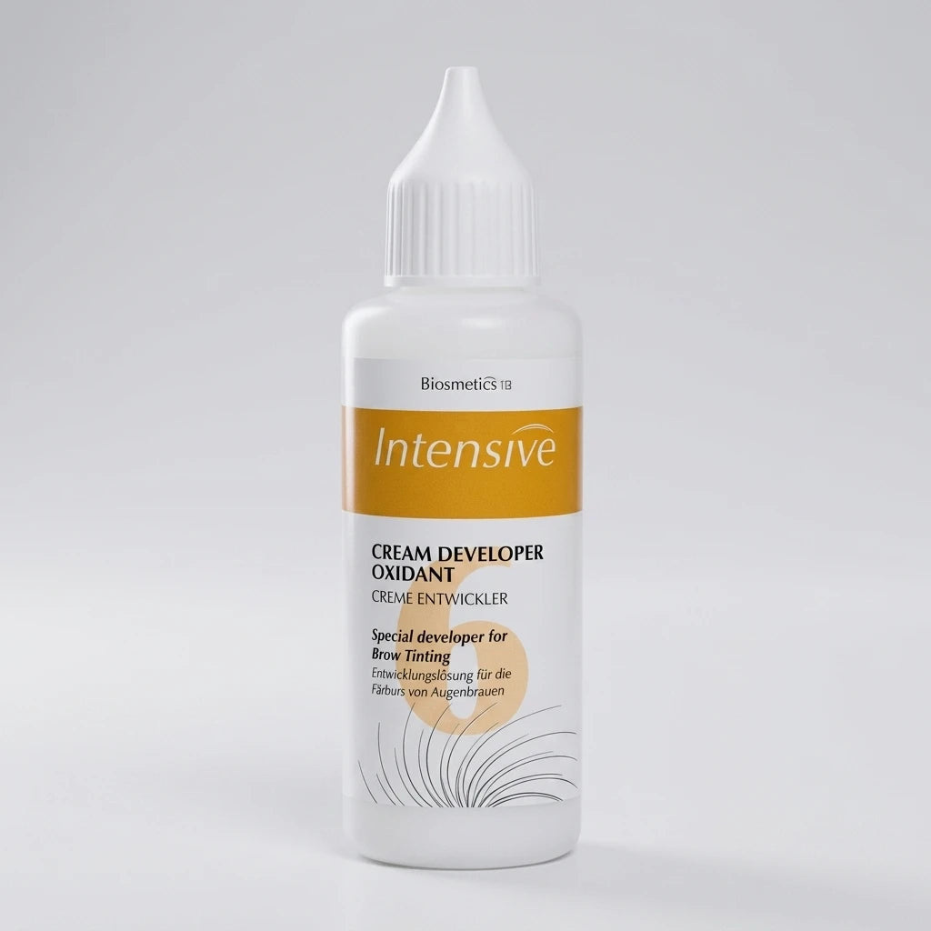 RefectoCil Intensive Cream Developer 6% 50ml i vit plastflaska med pipmunstycke och gul etikett.