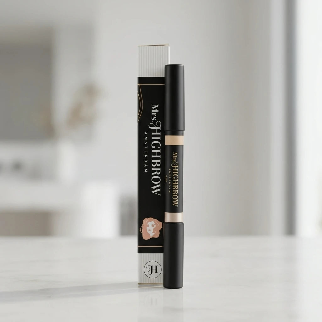Dubbelsidig Highlighting Duo Brow Pencil från Mrs. Highbrow stående med förpackning på ljus marmoryta.