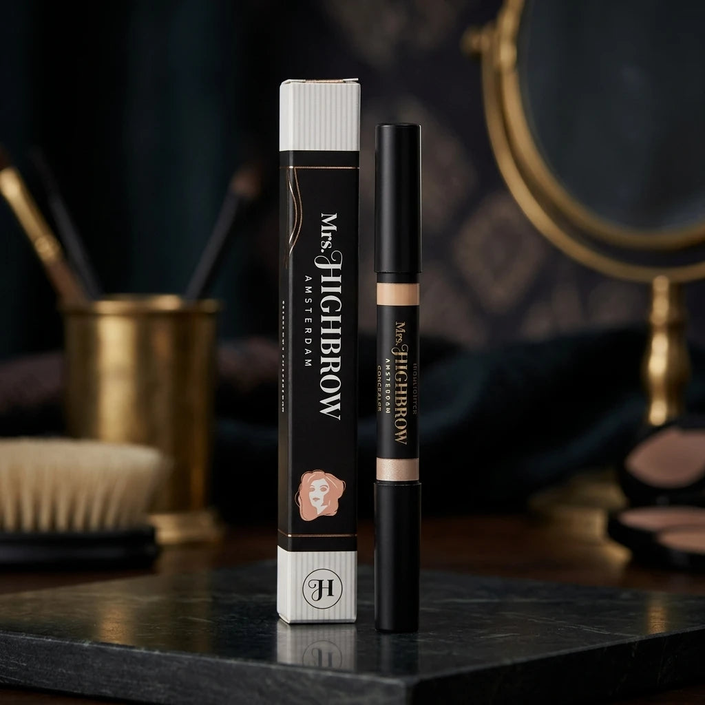 Mrs. Highbrow Highlighting Duo Brow Pencil och förpackning på mörk marmor i professionell sminkmiljö.