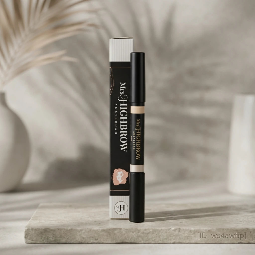Mrs. Highbrow ögonbrynspenna och förpackning placerade på ljus stenhäll med minimalistisk beige bakgrund.