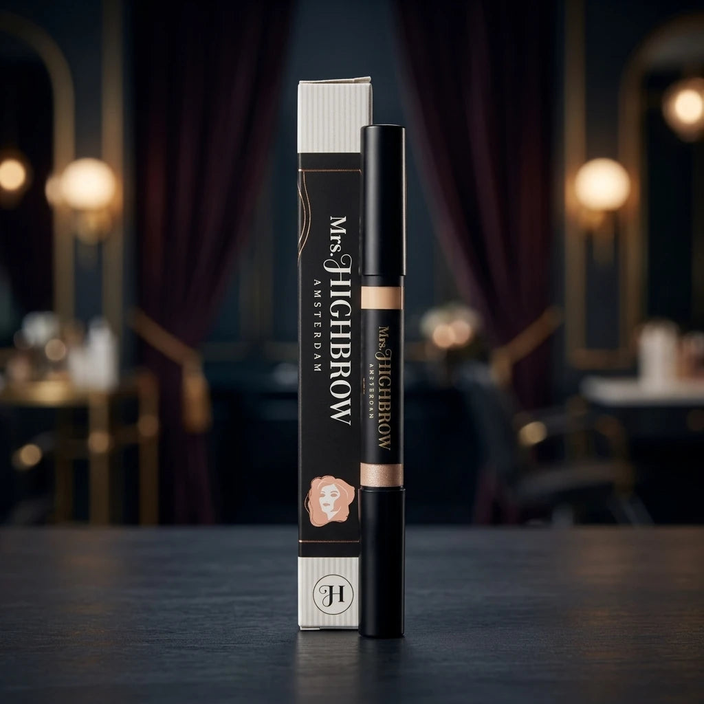 Highlighting Duo Brow Pencil med svartvit förpackning på mörkt bord i professionell salongsmiljö.