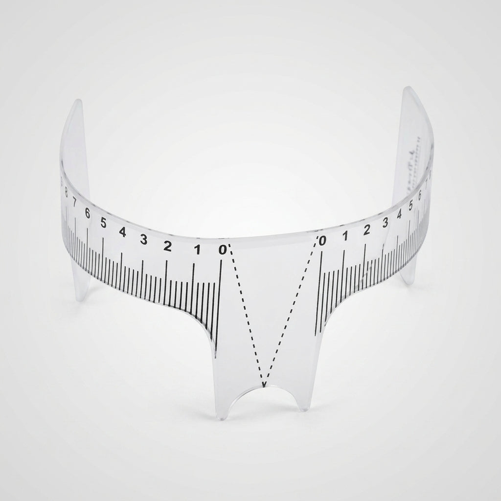 Isometrisk vy av transparent Eyebrow Ruler Style 2 med tydliga måttskalor för brynmätning.