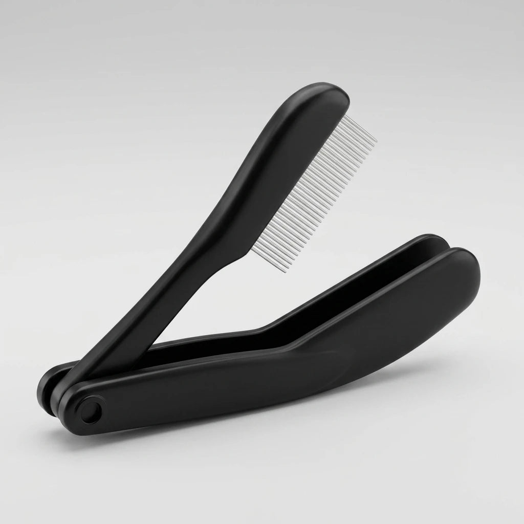 Hopfällbar franskam i svart metall med täta metalltänder och ergonomiskt handtag, isometrisk vy.