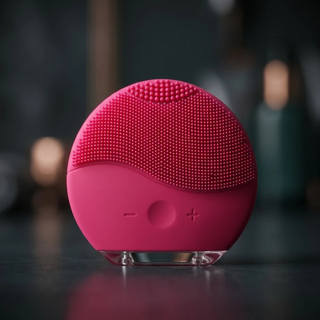 Rosa elektrisk silikonborste stående på mörk reflekterande yta med borstsidan vänd mot kameran.