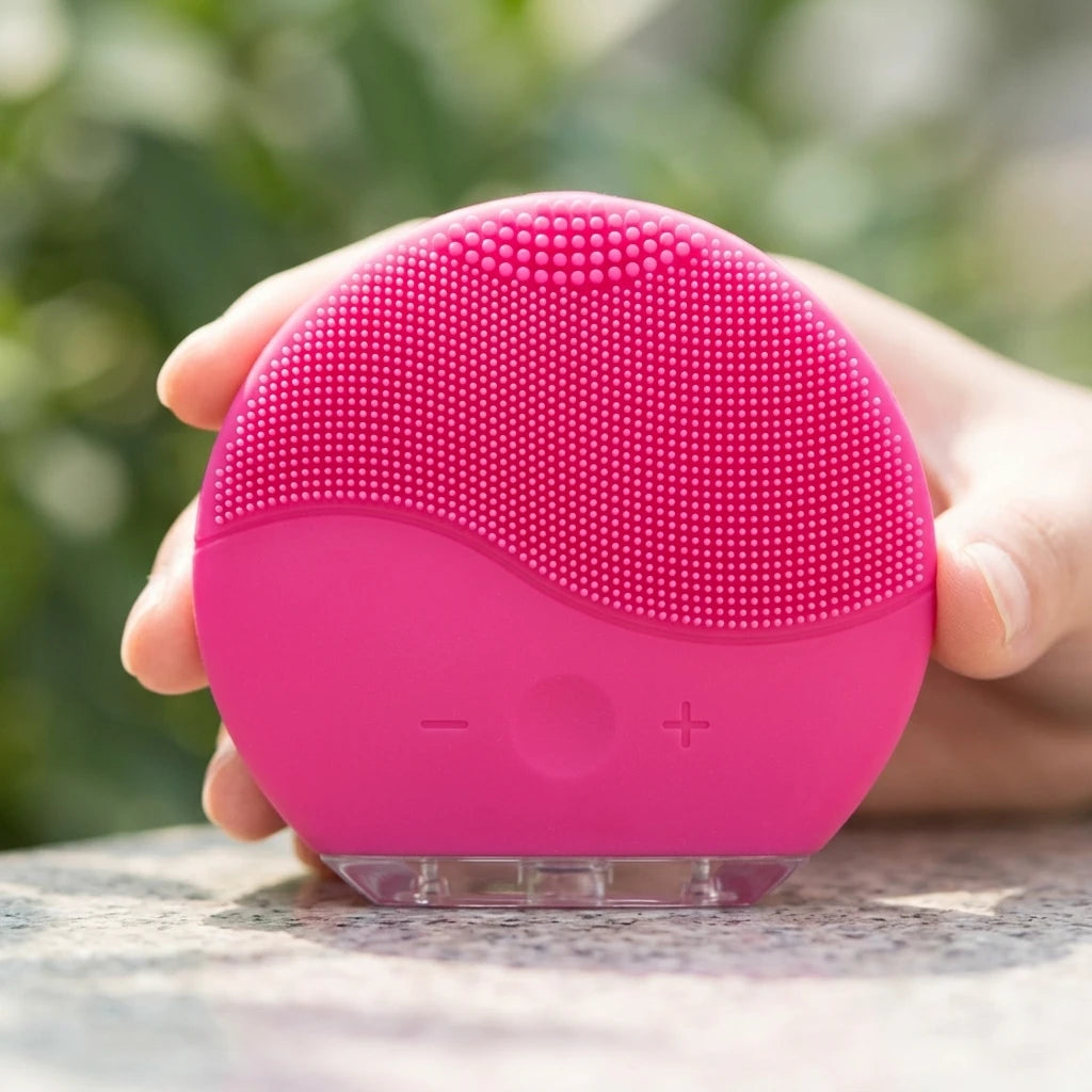 Hand håller rosa elektrisk facial cleanser brush i mjuk silikon utomhus i naturligt dagsljus.
