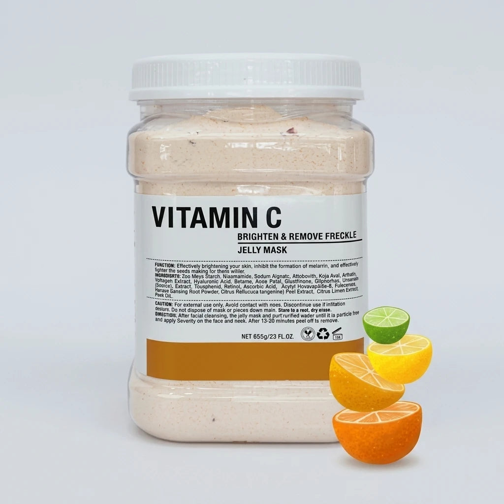 Jelly Mask Vitamin C 650g i transparent burk med vitt lock och illustrerade citrusskivor på ljus bakgrund.