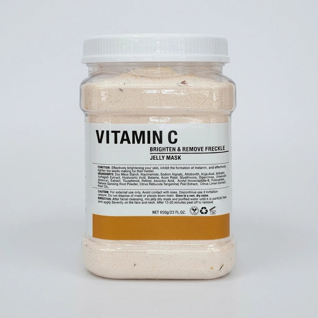 Jelly Mask Vitamin C 650g i en transparent plastburk med vitt skruvlock och ljust persikofärgat pulver mot vit bakgrund.