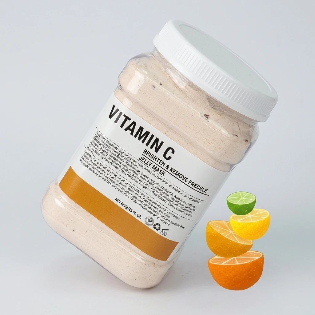 Jelly Mask Vitamin C 650g i plastburk med vitt lock bredvid svävande citrusskivor på ljusgrå bakgrund.