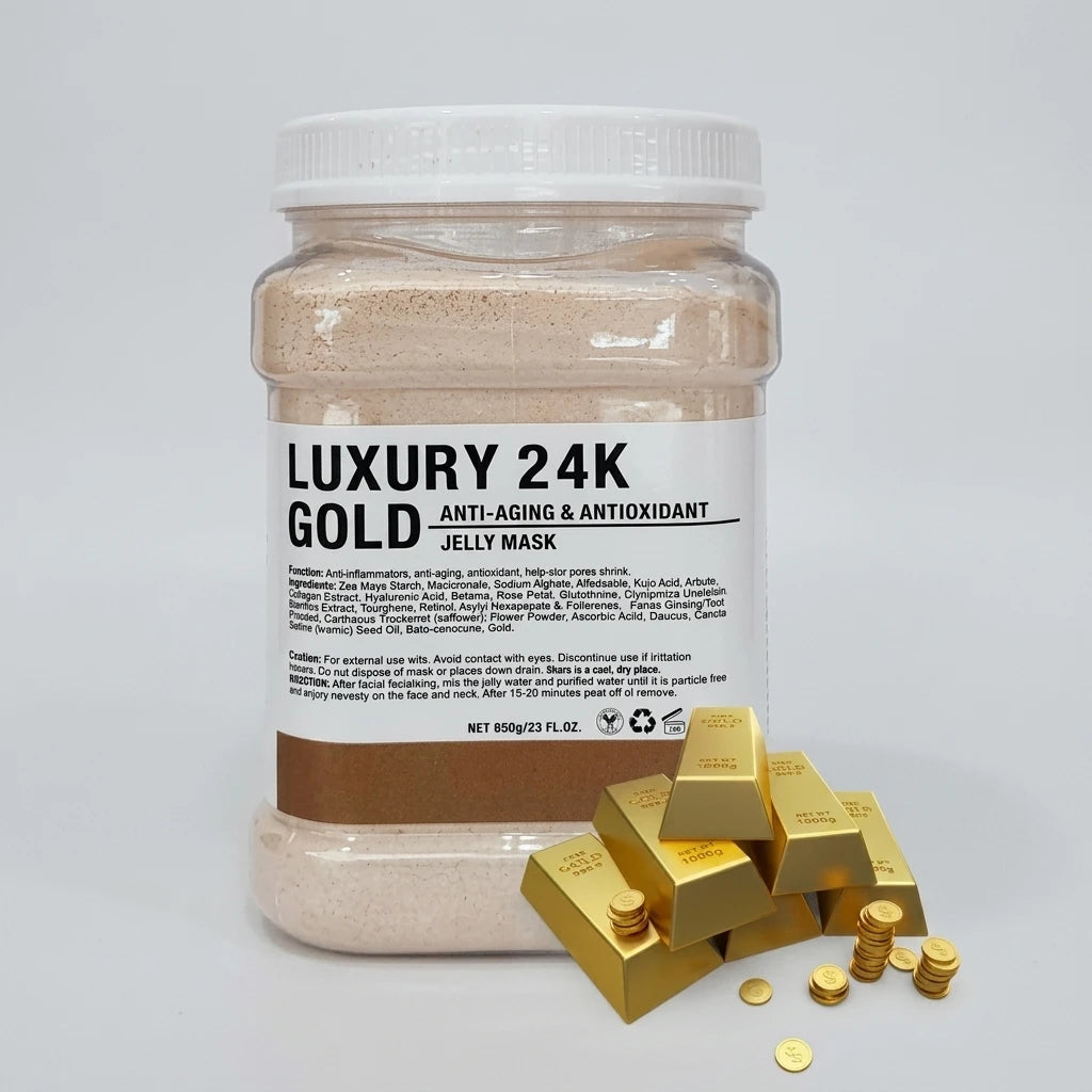 Jelly Mask Gold 650g i en genomskinlig burk med guldpulver, dekorerad med guldtackor och mynt mot vit bakgrund.