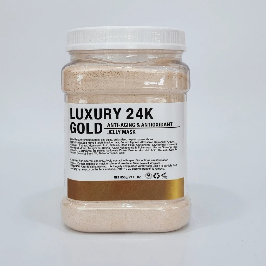 Jelly Mask Gold 650g i genomskinlig plastburk med vitt lock och ljust guldglittrande pulver mot vit bakgrund.