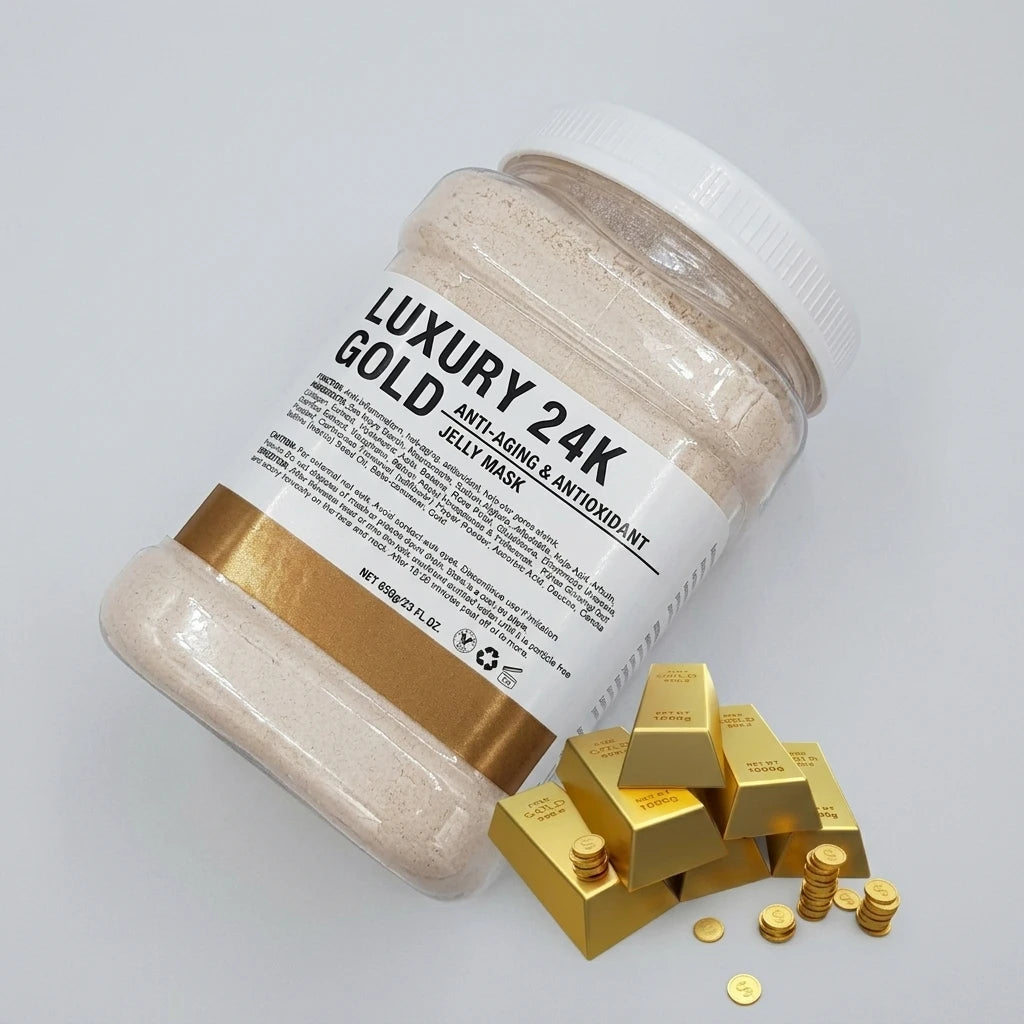 Jelly Mask Gold 650g pulver i plastburk bredvid dekorativa guldtackor och guldmynt mot ljusgrå bakgrund.