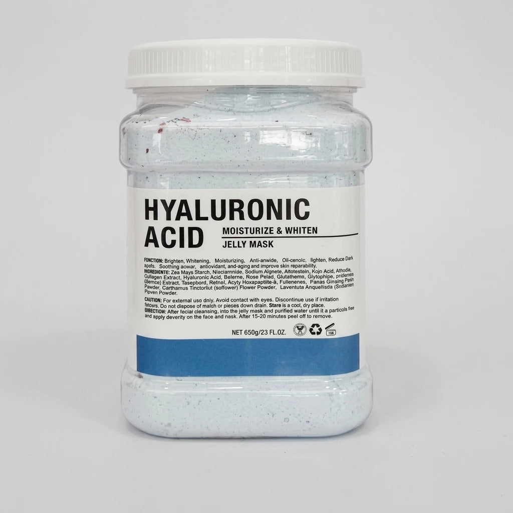 Jelly Mask Hyaluron 650g i en genomskinlig plastburk med ljusblått pulver och vitt lock mot vit bakgrund.