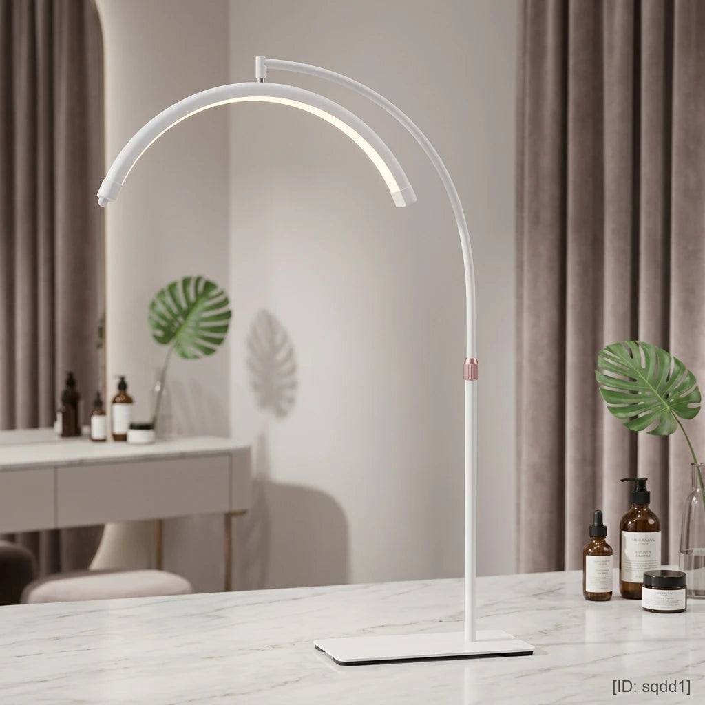 LED Moon Light Arbetslampa Vit placerad på marmorbord i ljus skönhetssalong, visar bågens design.