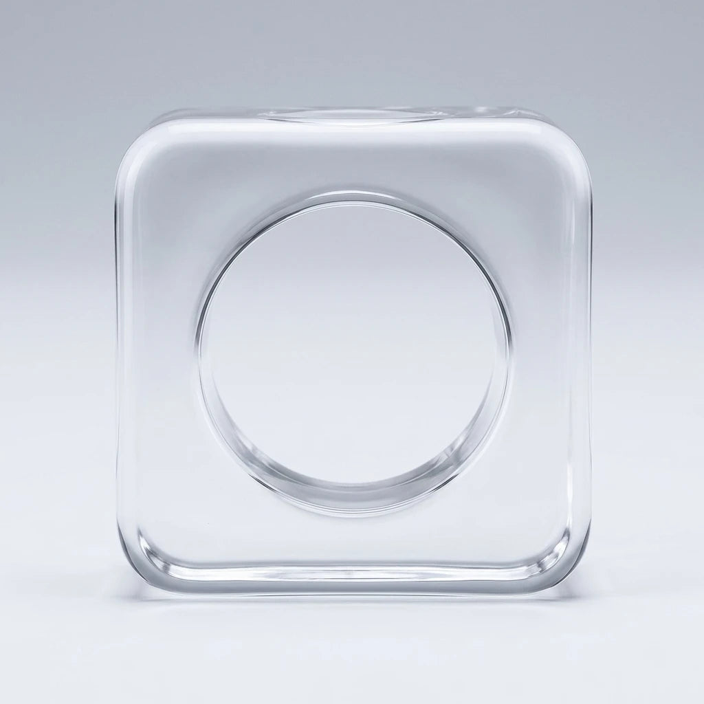 Kvadratisk Crystal Plate Square BIG i klart glas med rundade hörn och en cirkulär öppning på ljusgrå bakgrund.