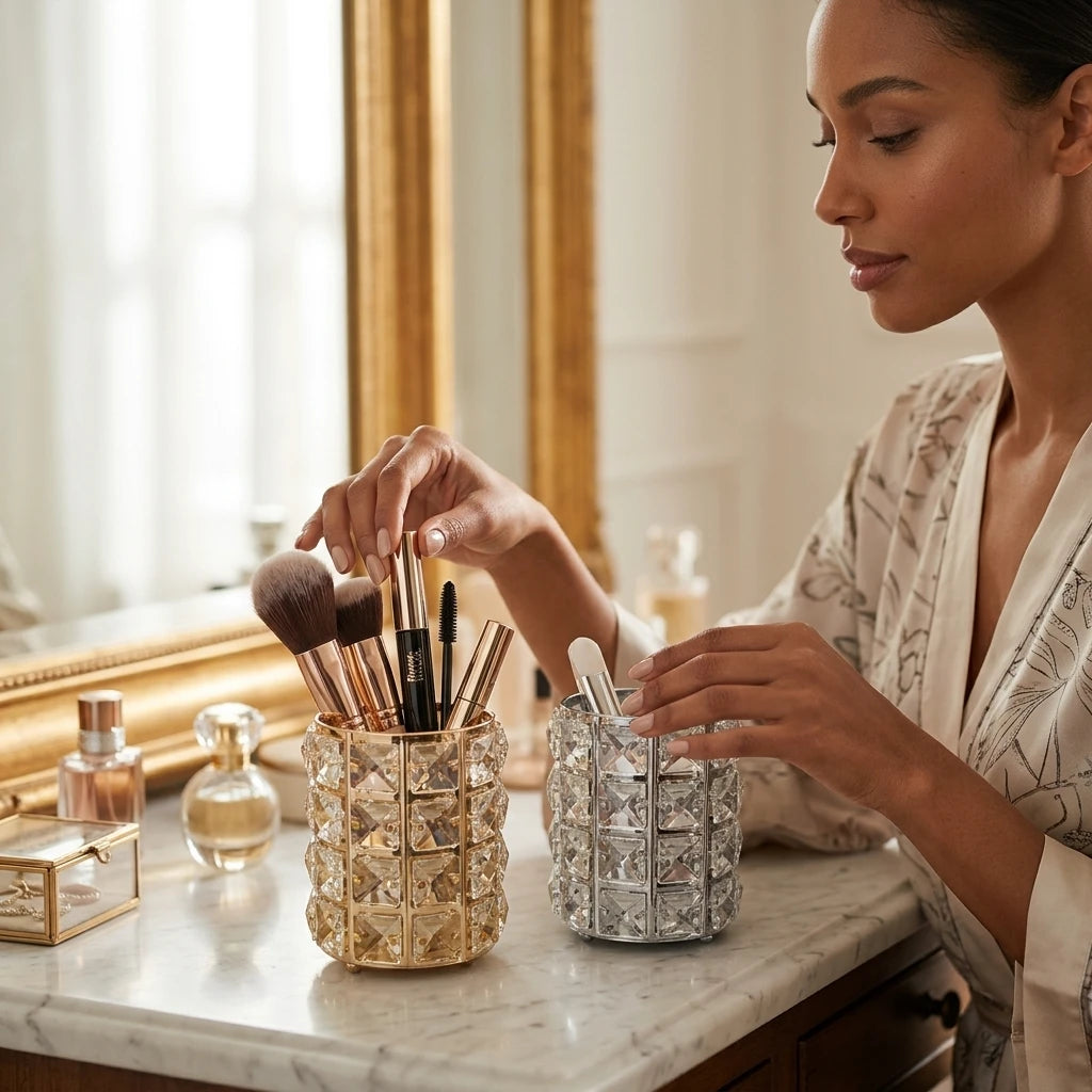 Kristallskimrande penselhållare i guld och silver med penslar på elegant marmorsminkbord.